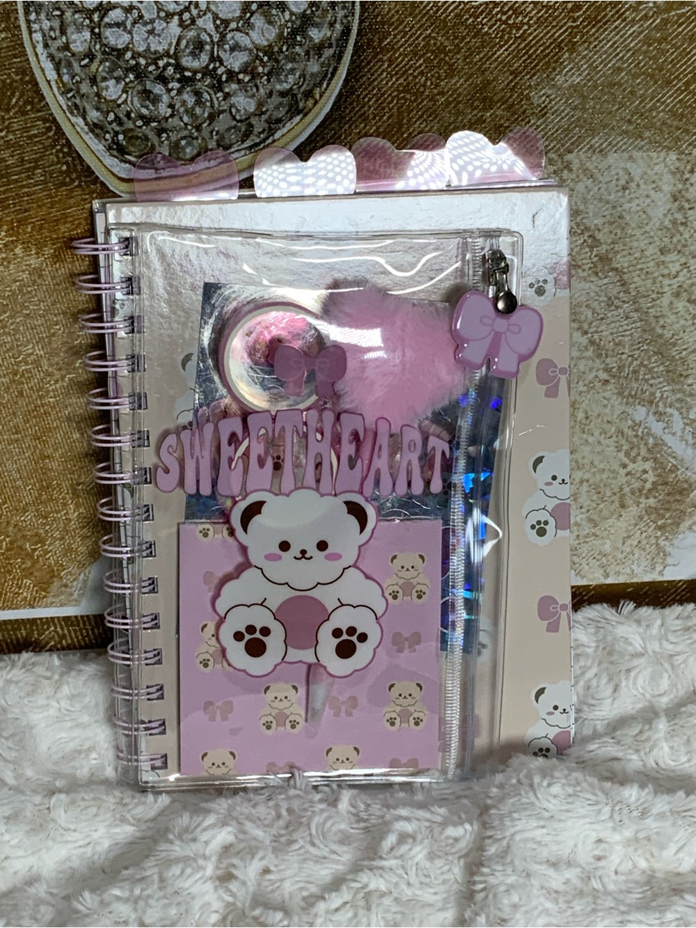 Sweetheart Pink Bear Spiral Notebook and Pen Set